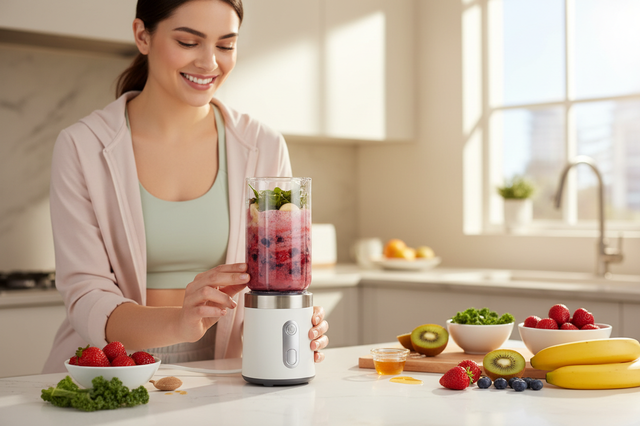 Person using portable mini blender to make healthy smoothie in modern kitchen